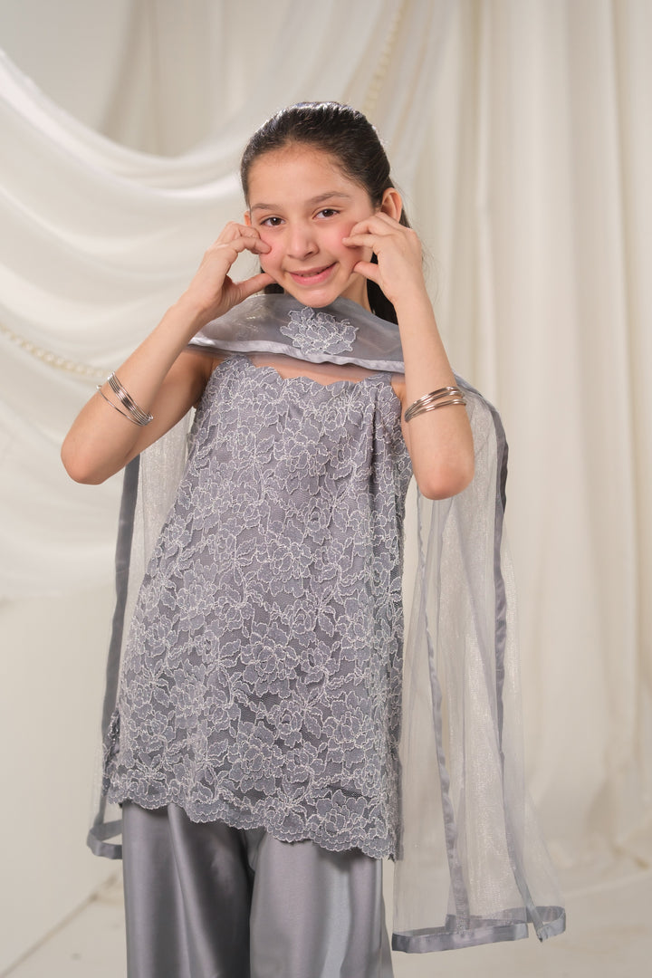Sprinkles Girls RTW Embroidered Silk 3 Piece Suit Silver Mirage Festive Collection