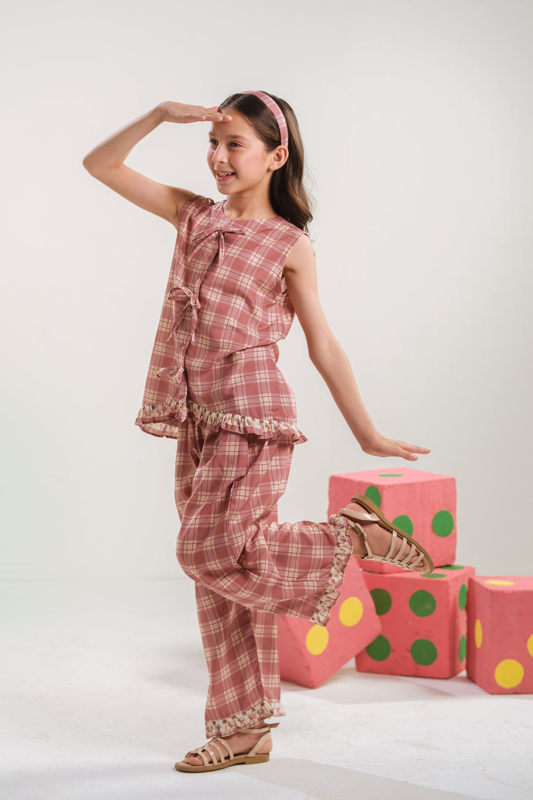Sprinkles Girls RTW Printed Poly 2 Piece Suit Blush Plaid Casual Collection