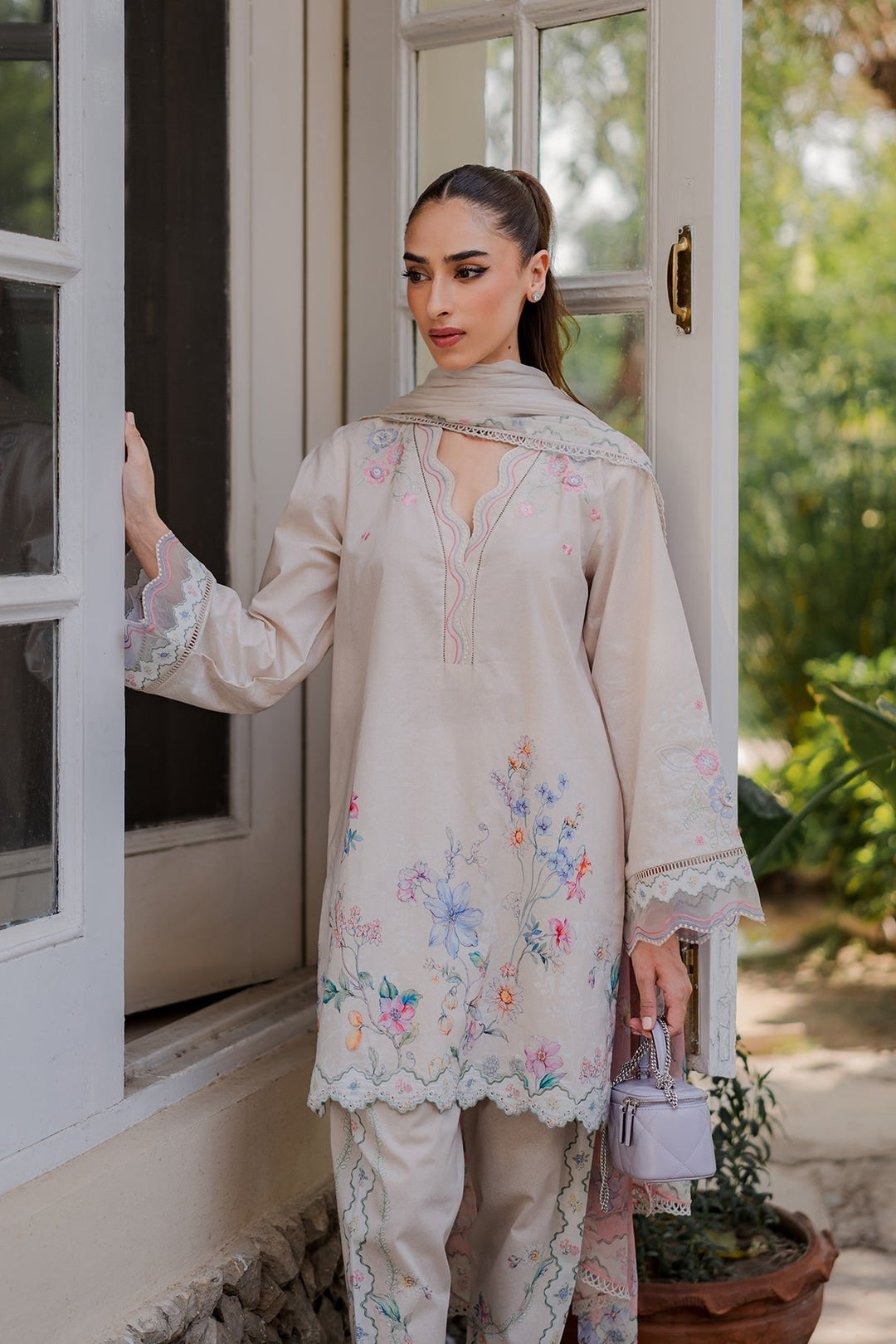 Nura by Sahar RTW Embroidered Cambric Co-Ord Sets Suit Vanilla Latte Casual Collection