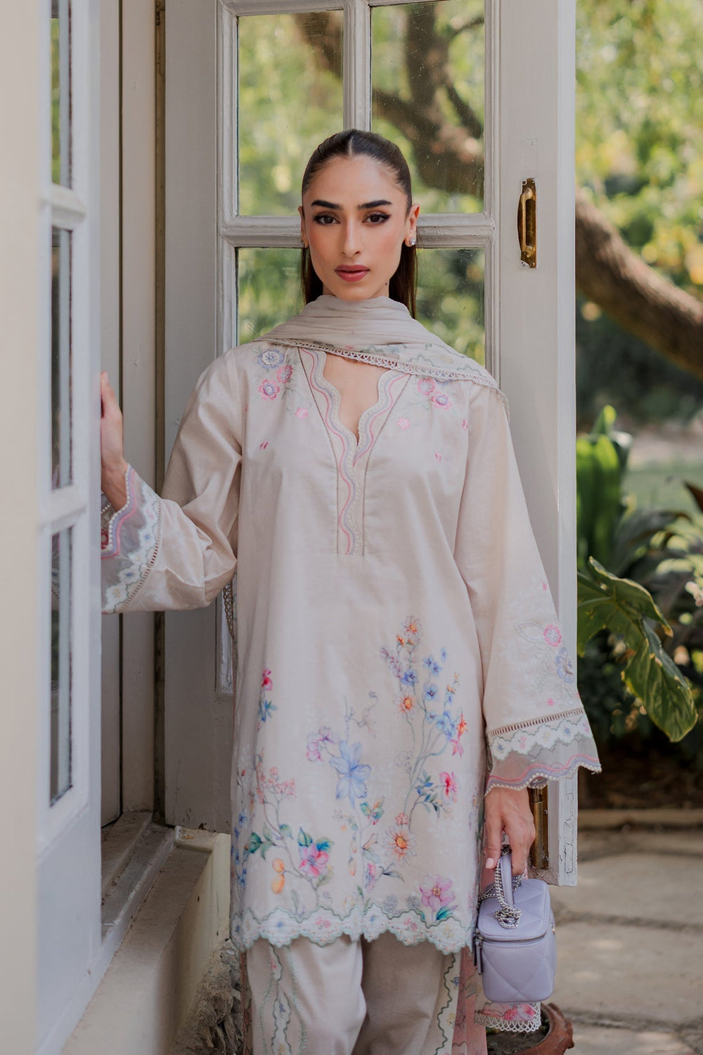 Nura by Sahar RTW Embroidered Cambric Co-Ord Sets Suit Vanilla Latte Casual Collection