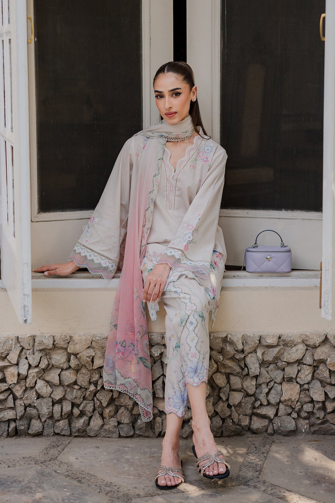 Nura by Sahar RTW Embroidered Cambric Co-Ord Sets Suit Vanilla Latte Casual Collection