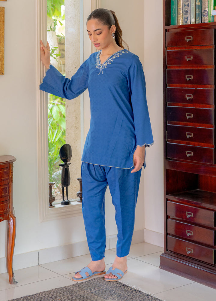 Pret Essentials by Sahar Womens Pret Embroidered Jacquard 2 Piece Suit SSDJ-RK-V2-02 Indigo Edge