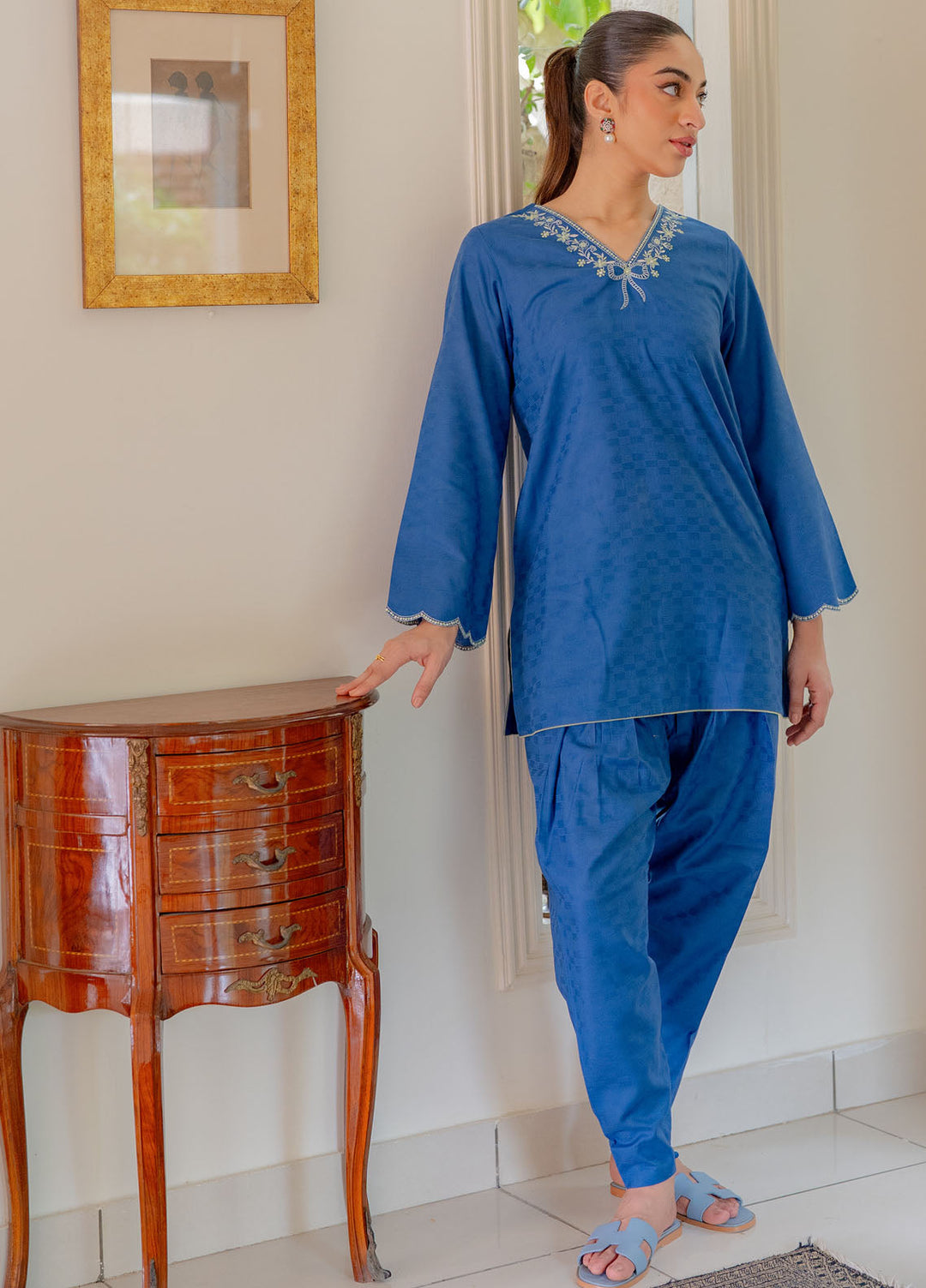 Pret Essentials by Sahar Womens Pret Embroidered Jacquard 2 Piece Suit SSDJ-RK-V2-02 Indigo Edge