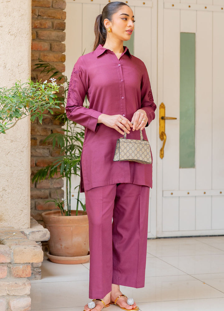 Pret Essentials by Sahar Womens Pret Embroidered Jacquard 2 Piece Suit SSDJ-RR-V2-05 Mulberry Rose