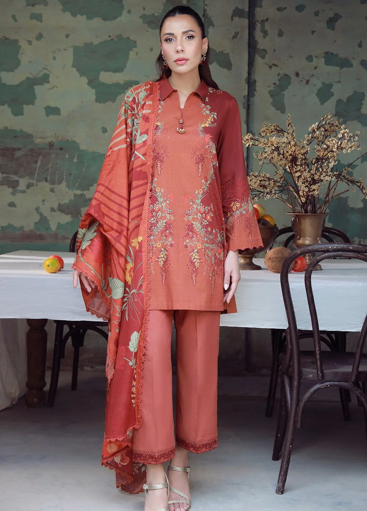 Elara by Sahar Embroidered Cambric Suits Unstitched 3 Piece SHR25EP Saffron Rust - Winter Collection