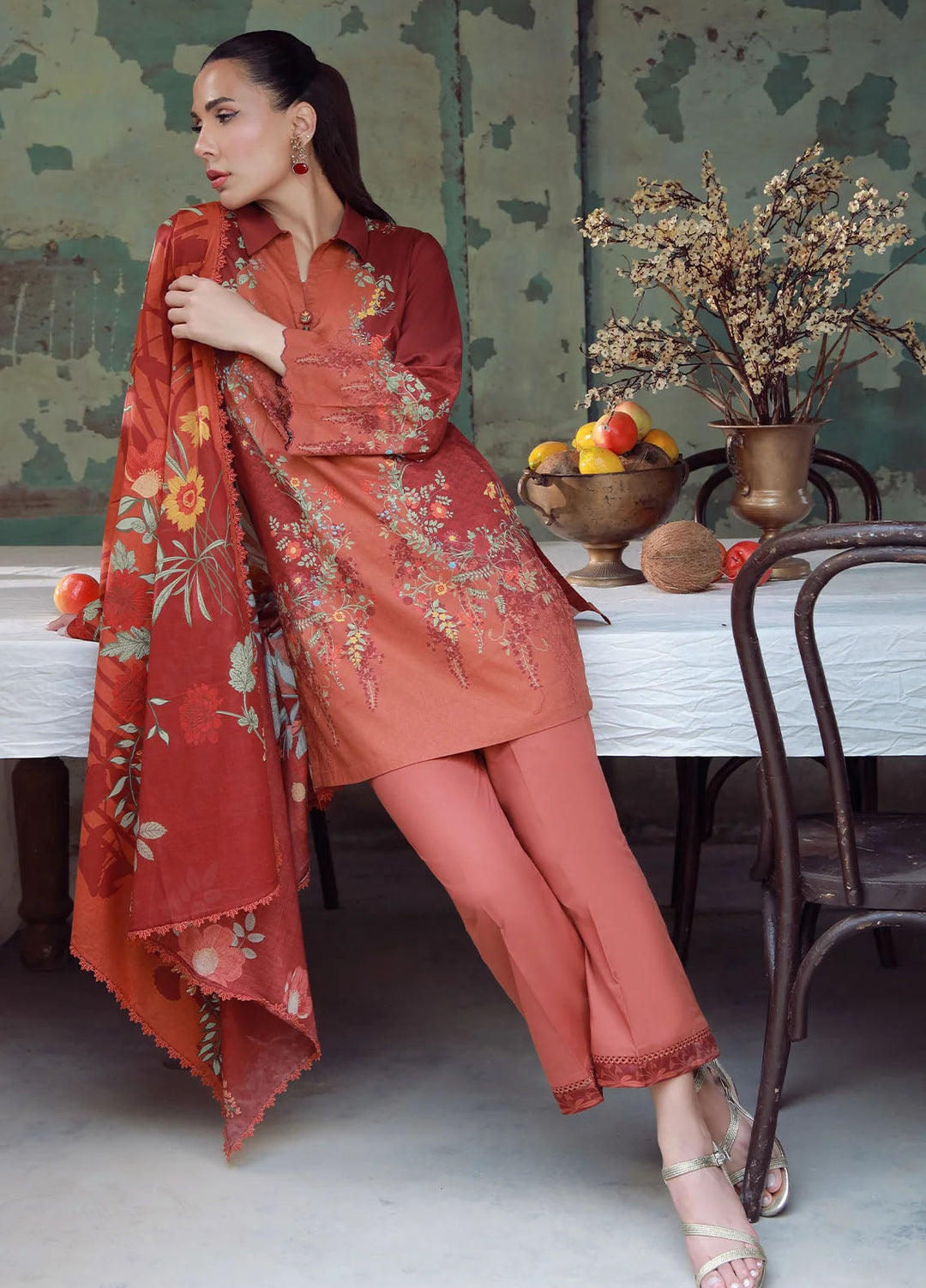 Elara by Sahar Unstitched Printed 3 Piece Cambric SHR25EP Saffron Rust - Casual Collection