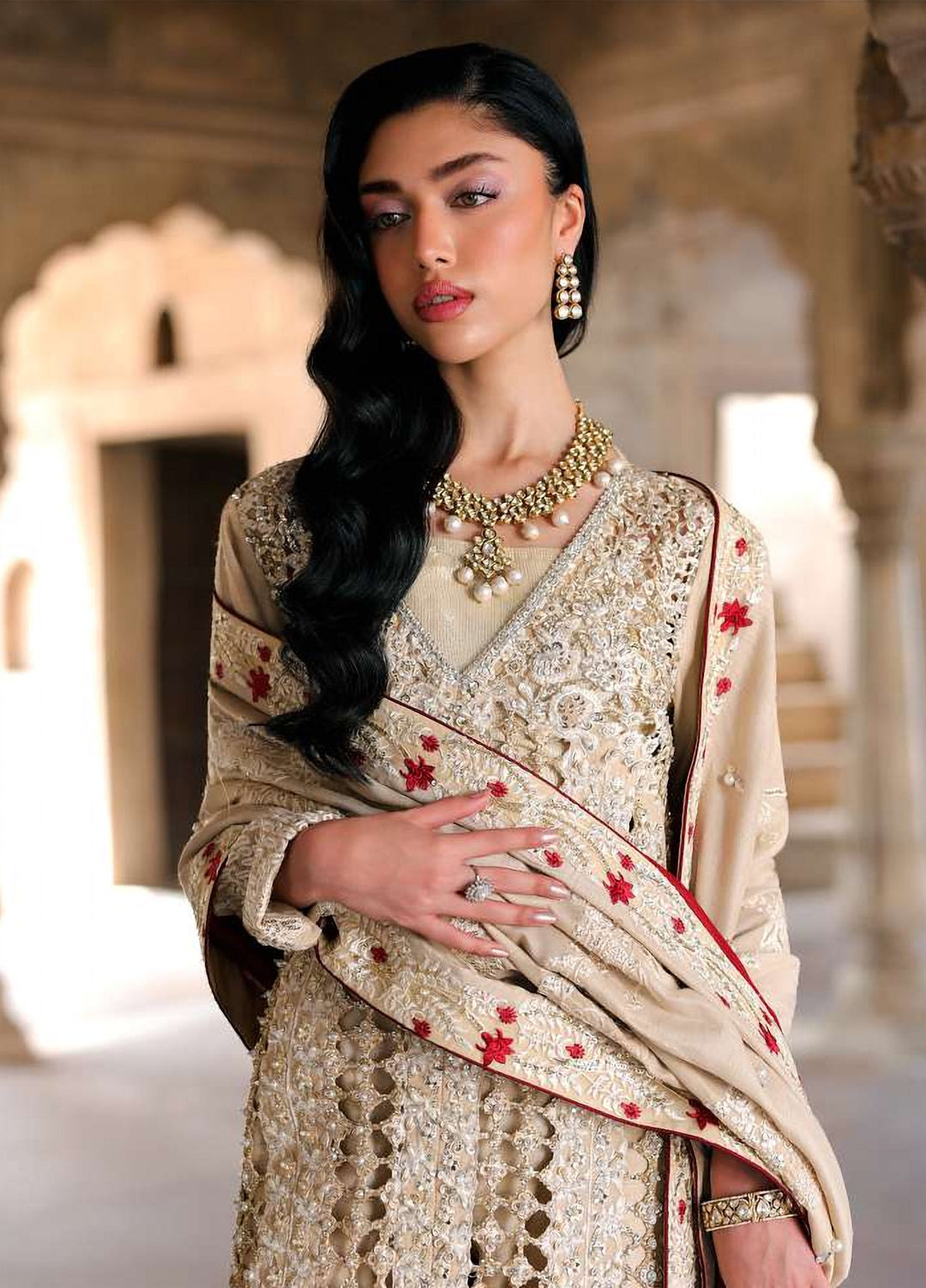 Saira Shakira Unstitched Embroidered Korean Silk 3 Piece Suit SSR26UW Rose - Wedding Collection