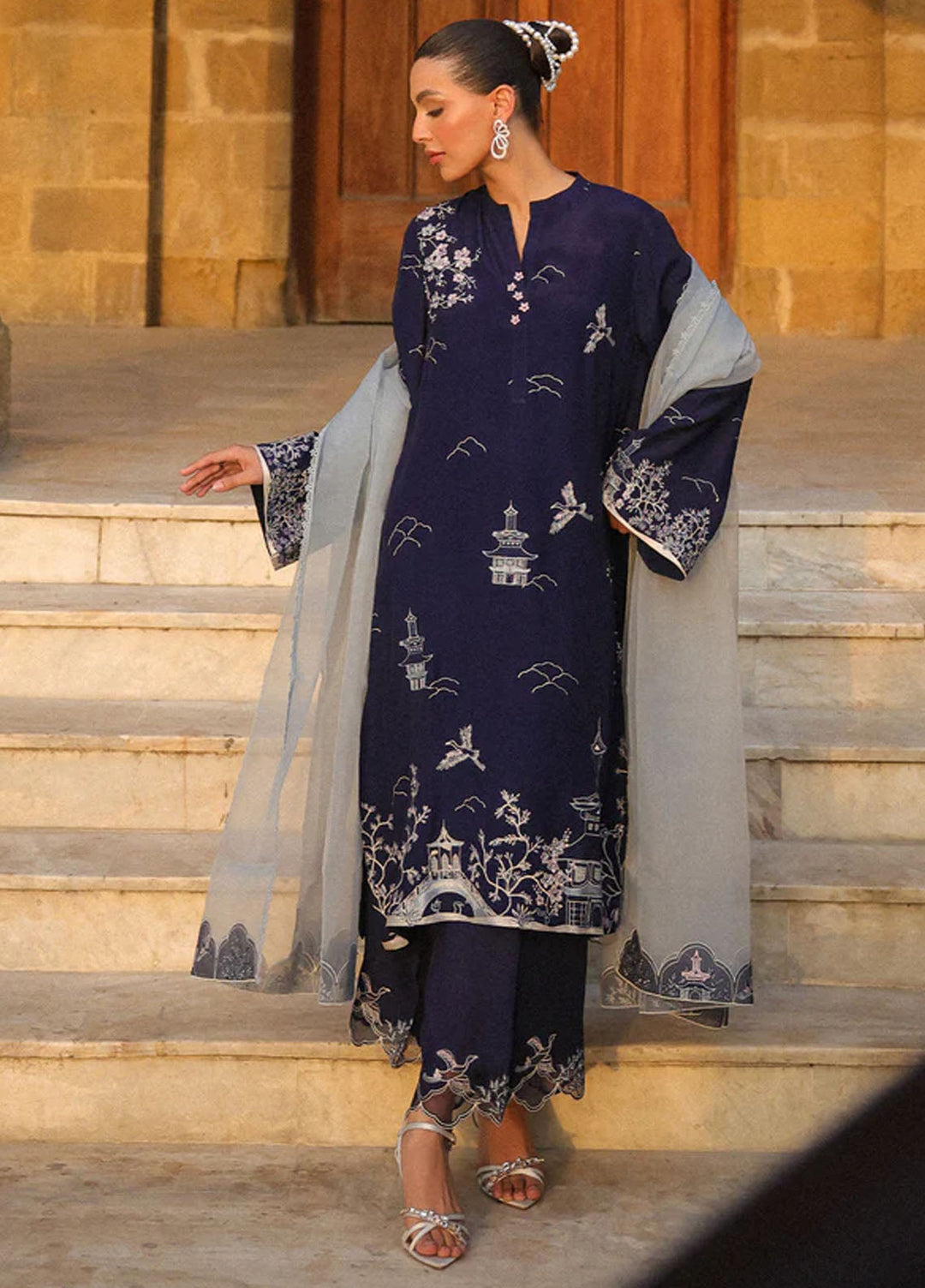 Luxe by Sahar Pret Embroidered Raw Silk 3 Piece Sapphire Grace