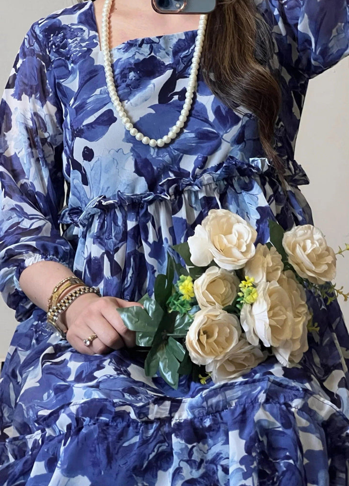 Mataish Women RTW Printed Chiffon Silk 1 Piece Suit Sapphire Petal Frock - Festive Collection