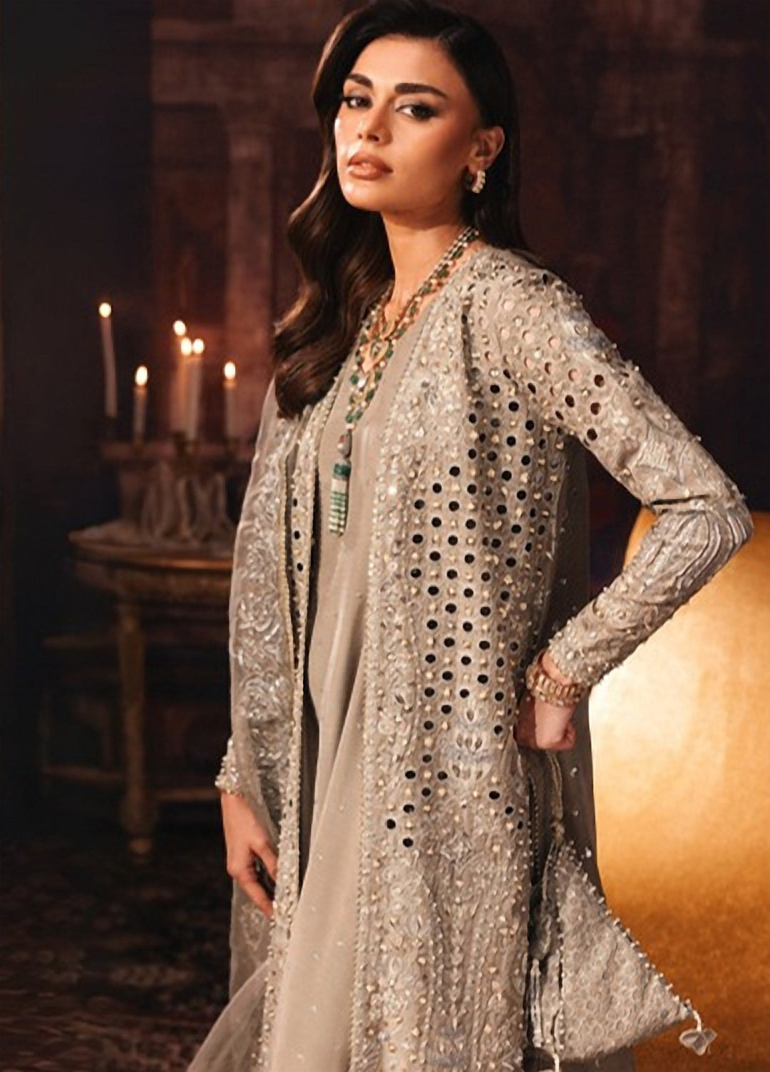 Lamore by Sardinia Unstitched Hand work Silk 3 Piece Suit SR26ULW Sage Smoke 1903 - Wedding Collection