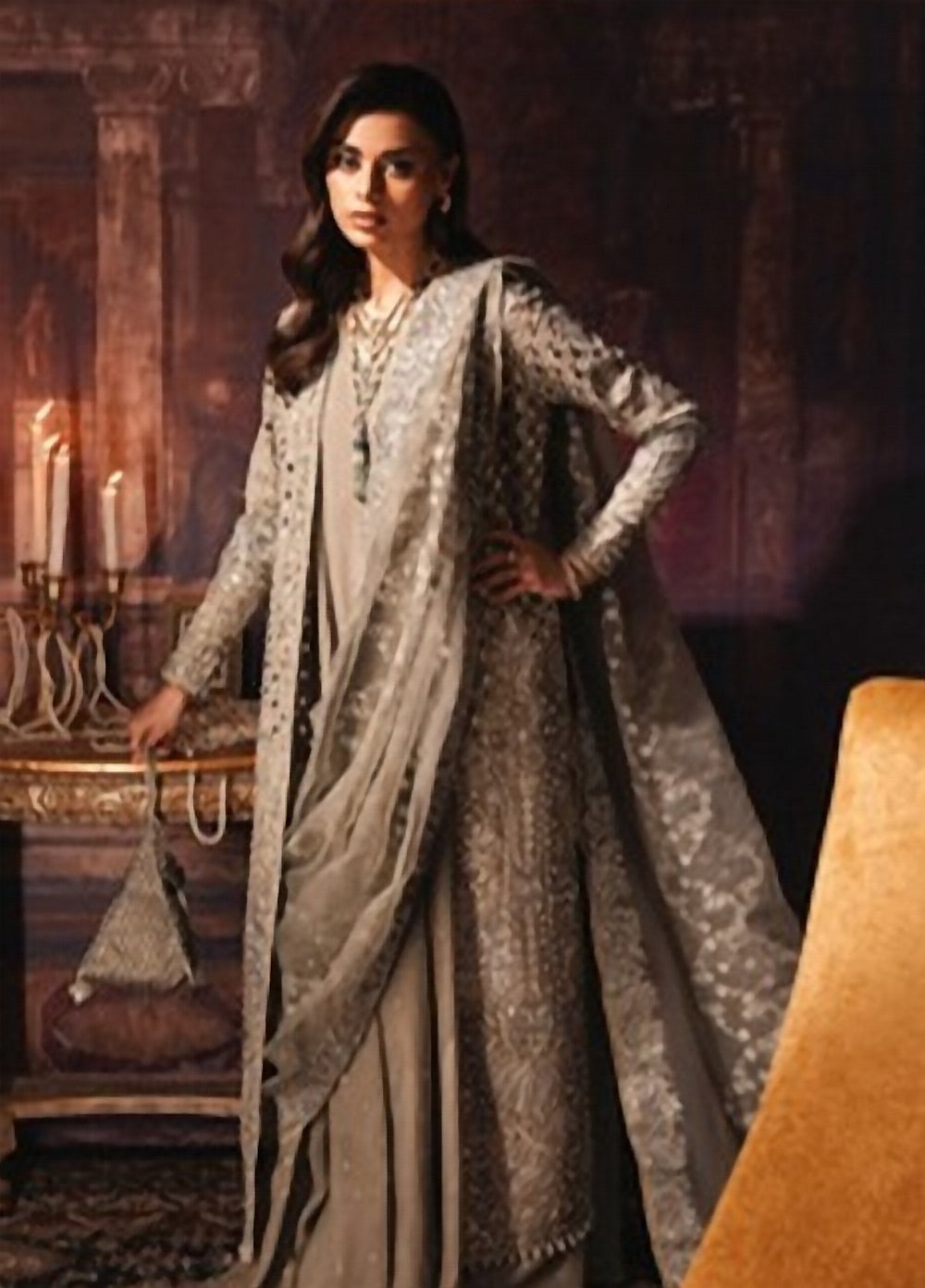 Lamore by Sardinia Unstitched Hand work Silk 3 Piece Suit SR26ULW Sage Smoke 1903 - Wedding Collection