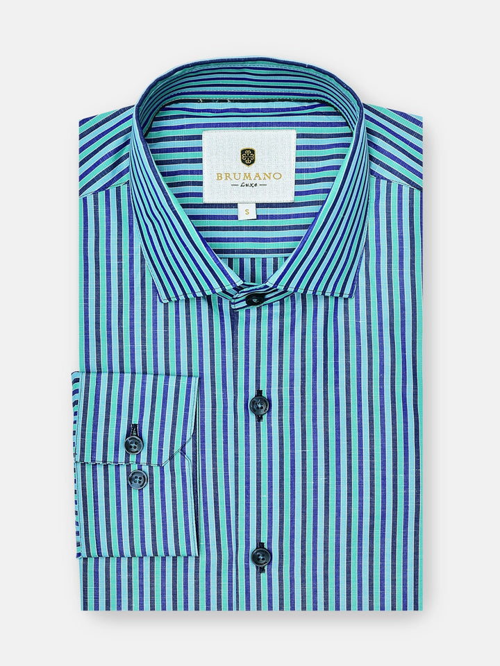 Brumano Ready To Wear Shirts Men 1 Piece Cotton Sea Green Striped Linen Blended Formal Shirt 0-32-024-3306 - Summer Collection