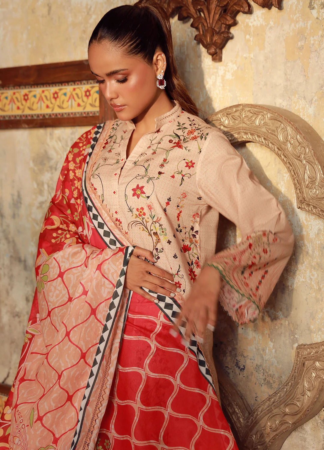 Elara by Sahar Unstitched Printed 3 Piece Cambric SHR25EP Serene Coral - Casual Collection