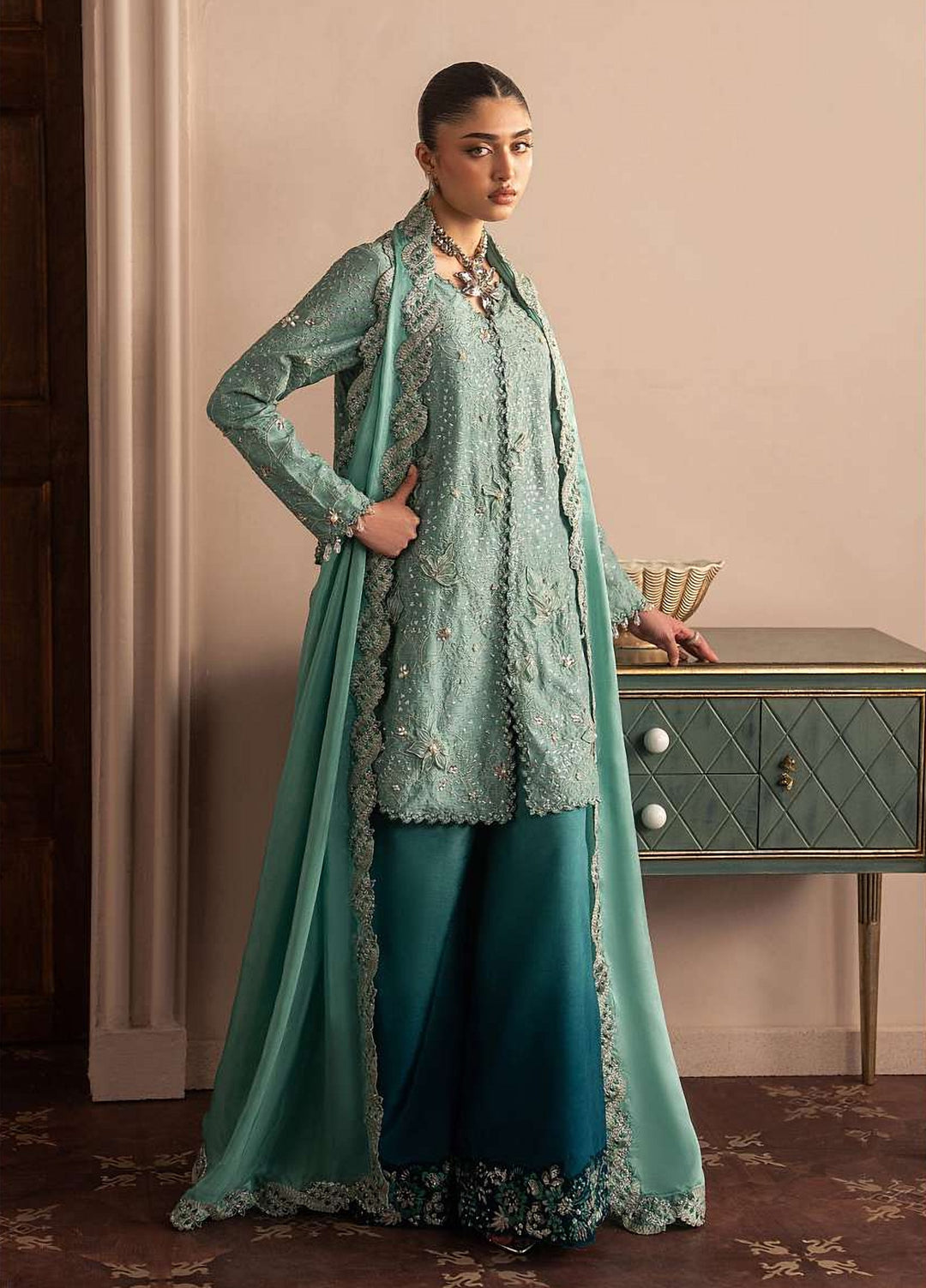 Royal Lumiere by Sadaf Fawad Unstitched Embroidered Raw Silk 3 Piece Suit AQUA ECLAT - Festive Collection