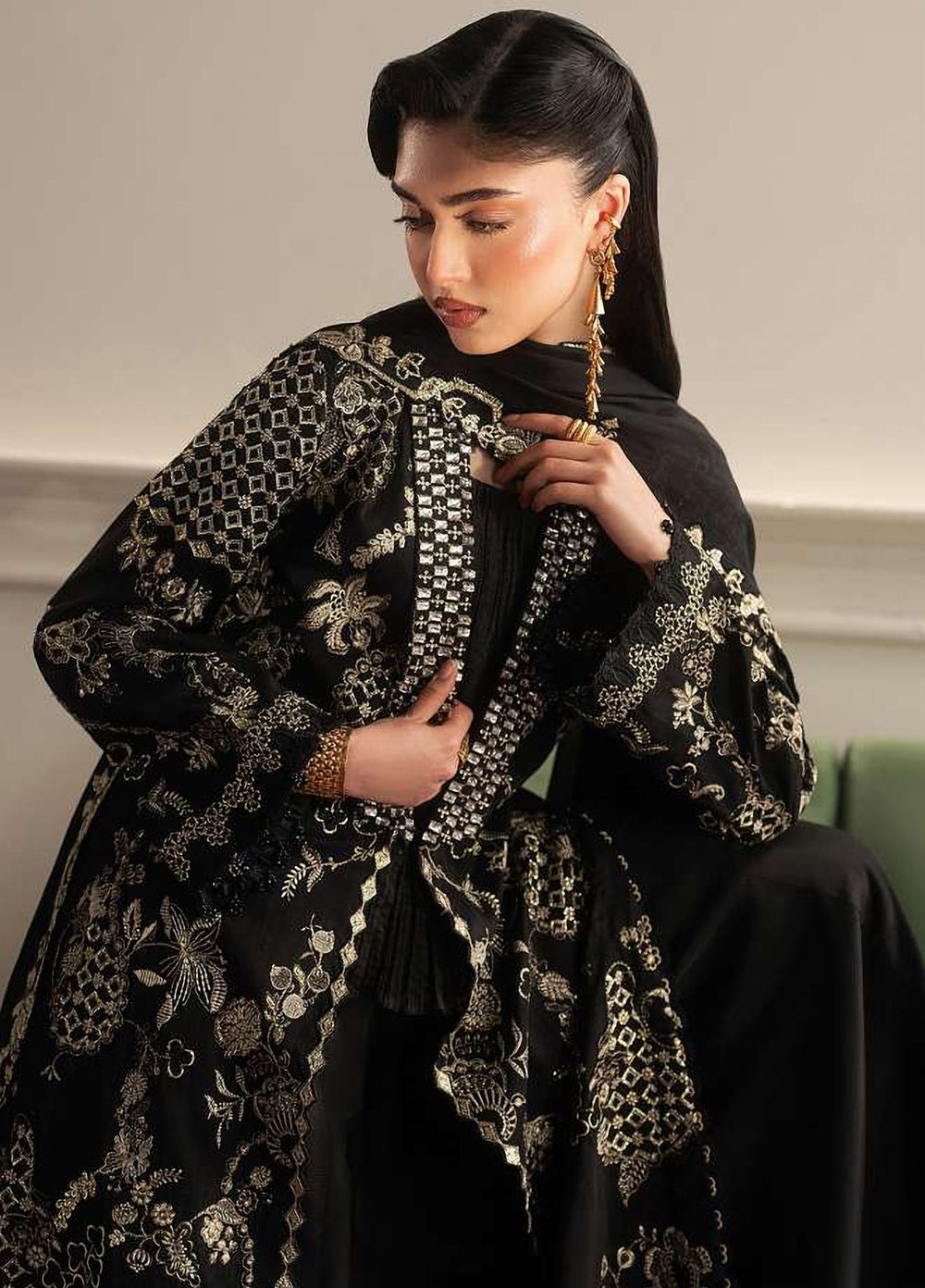 Royal Lumiere by Sadaf Fawad Unstitched Embroidered Raw Silk 3 Piece Suit SIAH GOLZAR - Festive Collection