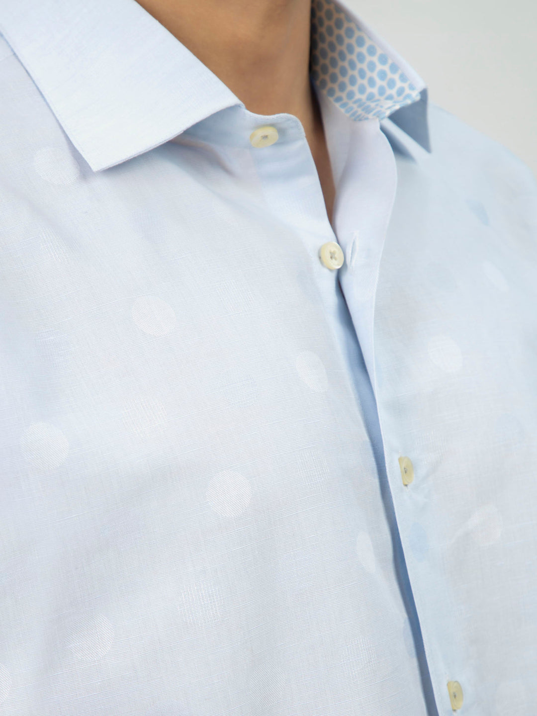 Brumano Ready To Wear Shirts Men 1 Piece Cotton Sky Blue Cotton/Linen Polka Dot Patterned Shirt 0-32-024-1567 - Summer Collection