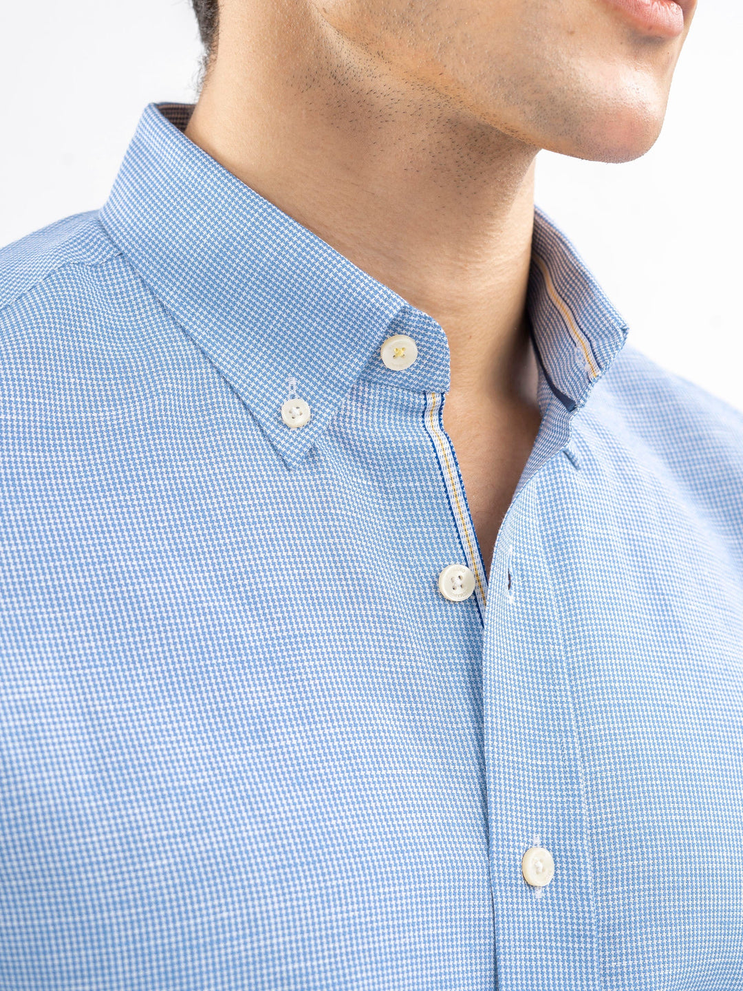 Sky Blue Houndstooth Patterned Linen Shirt