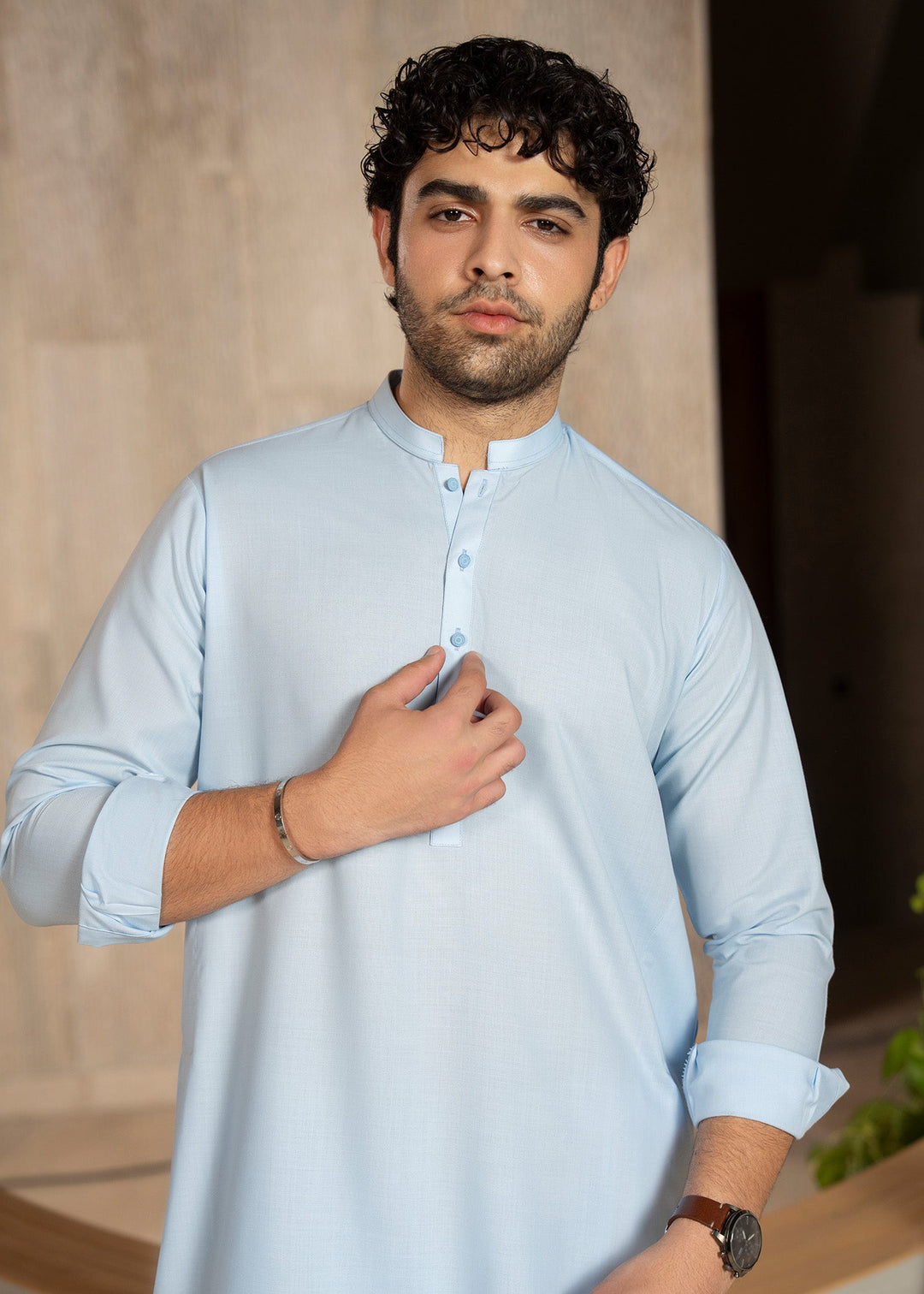 Buraq Men RTW Solids Wash N Wear Kurta Shalwar Suit Sky Blue Casual Collection