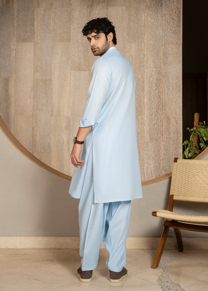 Buraq Men RTW Solids Wash N Wear Kurta Shalwar Suit Sky Blue Casual Collection
