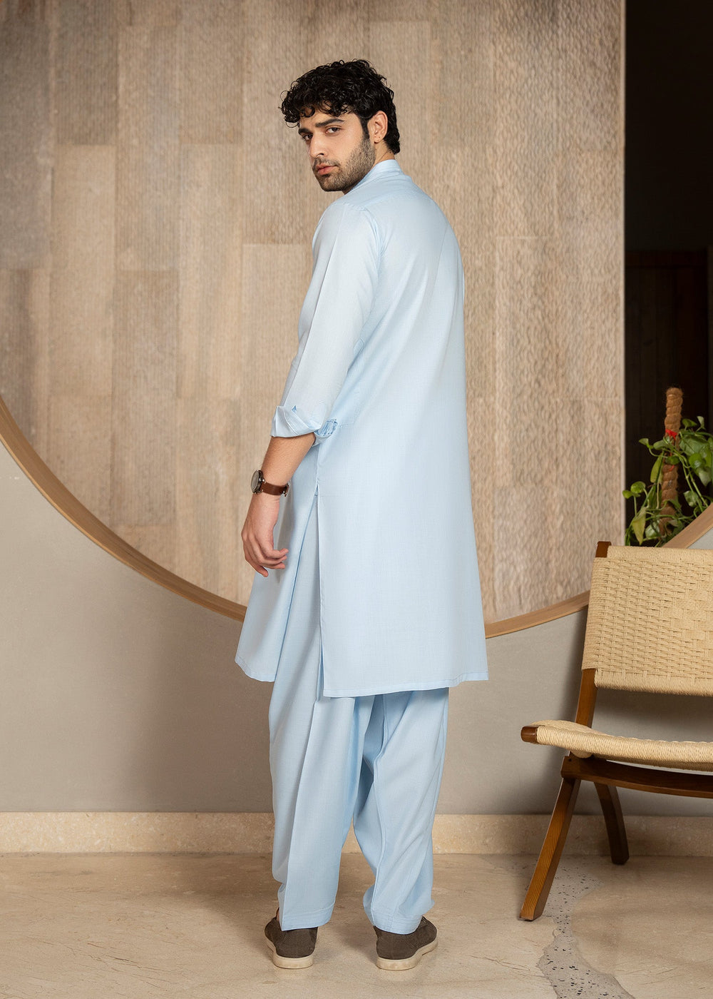 Buraq Men RTW Solids Wash N Wear Kurta Shalwar Suit Sky Blue Casual Collection