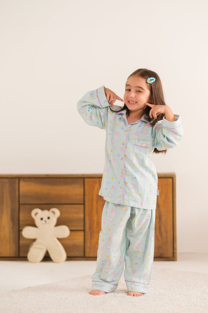 Baby Nest Kids Premium Night Suits For Girls Printed 2 Piece Boski Linen Sky Cloudberry - Casual Collection