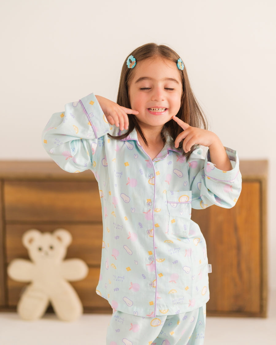 Baby Nest Kids Premium Night Suits For Girls Printed 2 Piece Boski Linen Sky Cloudberry - Casual Collection