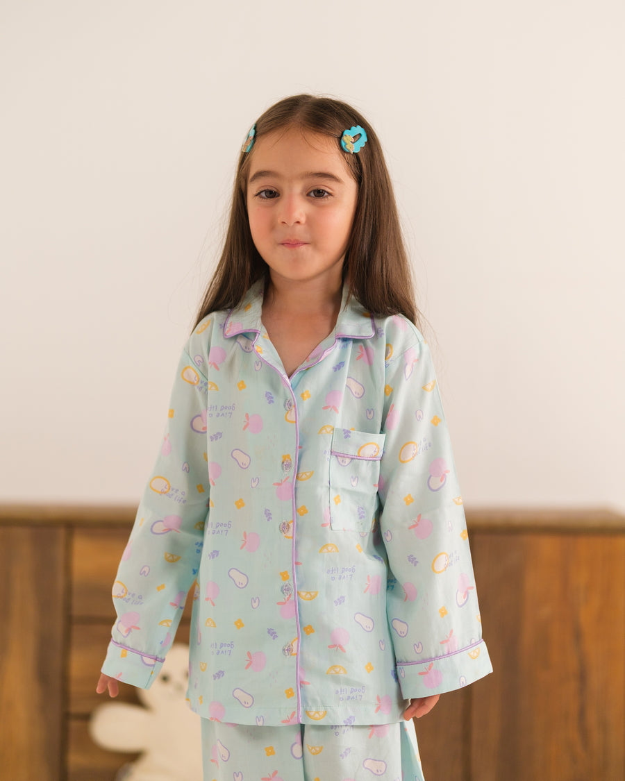 Baby Nest Kids Premium Night Suits For Girls Printed 2 Piece Boski Linen Sky Cloudberry - Casual Collection