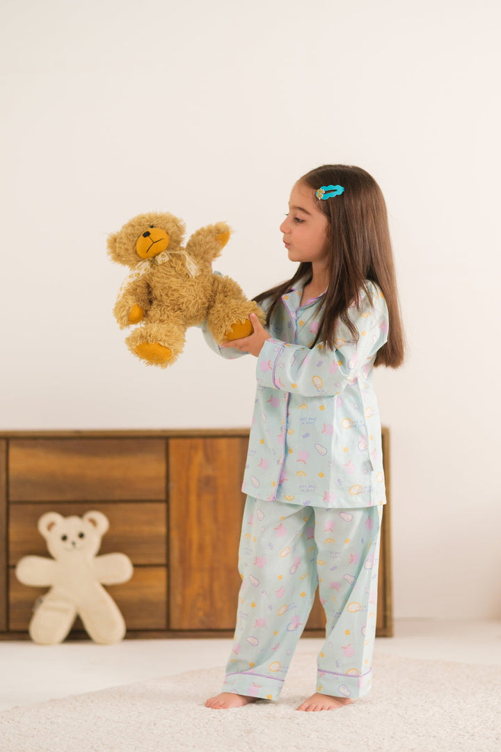 Baby Nest Kids Premium Night Suits For Girls Printed 2 Piece Boski Linen Sky Cloudberry - Casual Collection