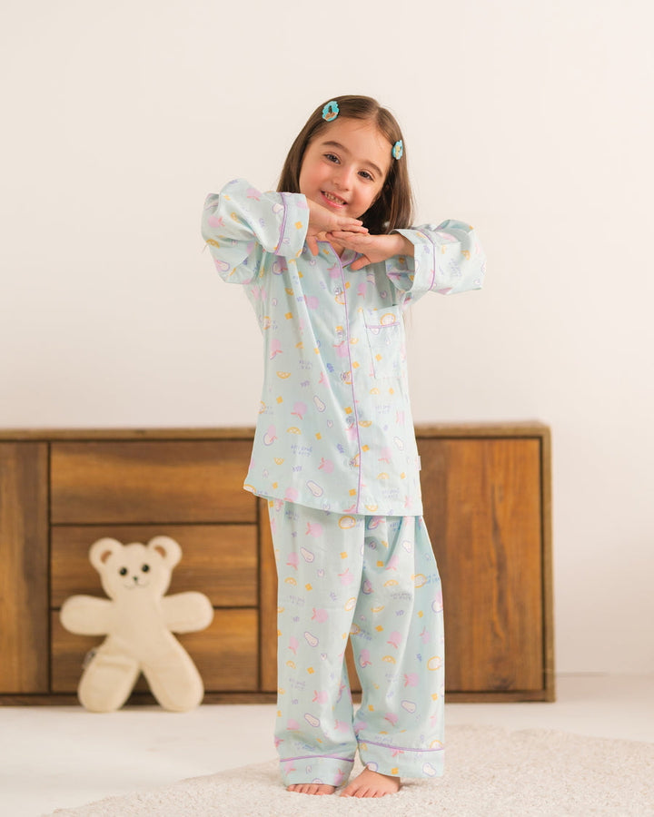 Baby Nest Kids Premium Night Suits For Girls Printed 2 Piece Boski Linen Sky Cloudberry - Casual Collection