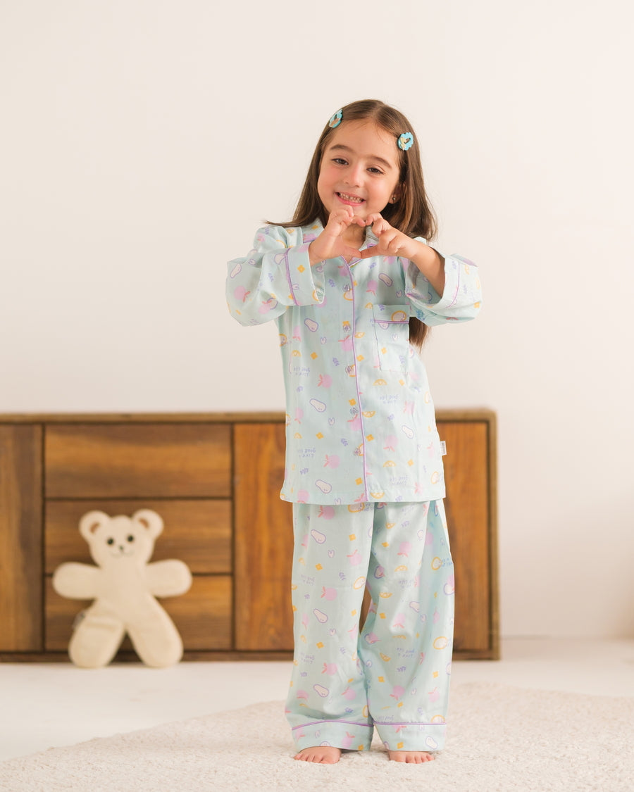 Baby Nest Kids Premium Night Suits For Girls Printed 2 Piece Boski Linen Sky Cloudberry - Casual Collection