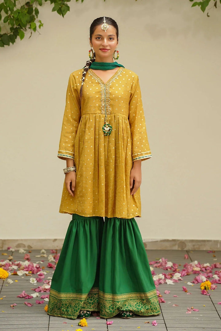 Ochre RTW Embroidered Girls 3 Piece Slub Manar Hand Adda Work MHD-08 - Summer Collection
