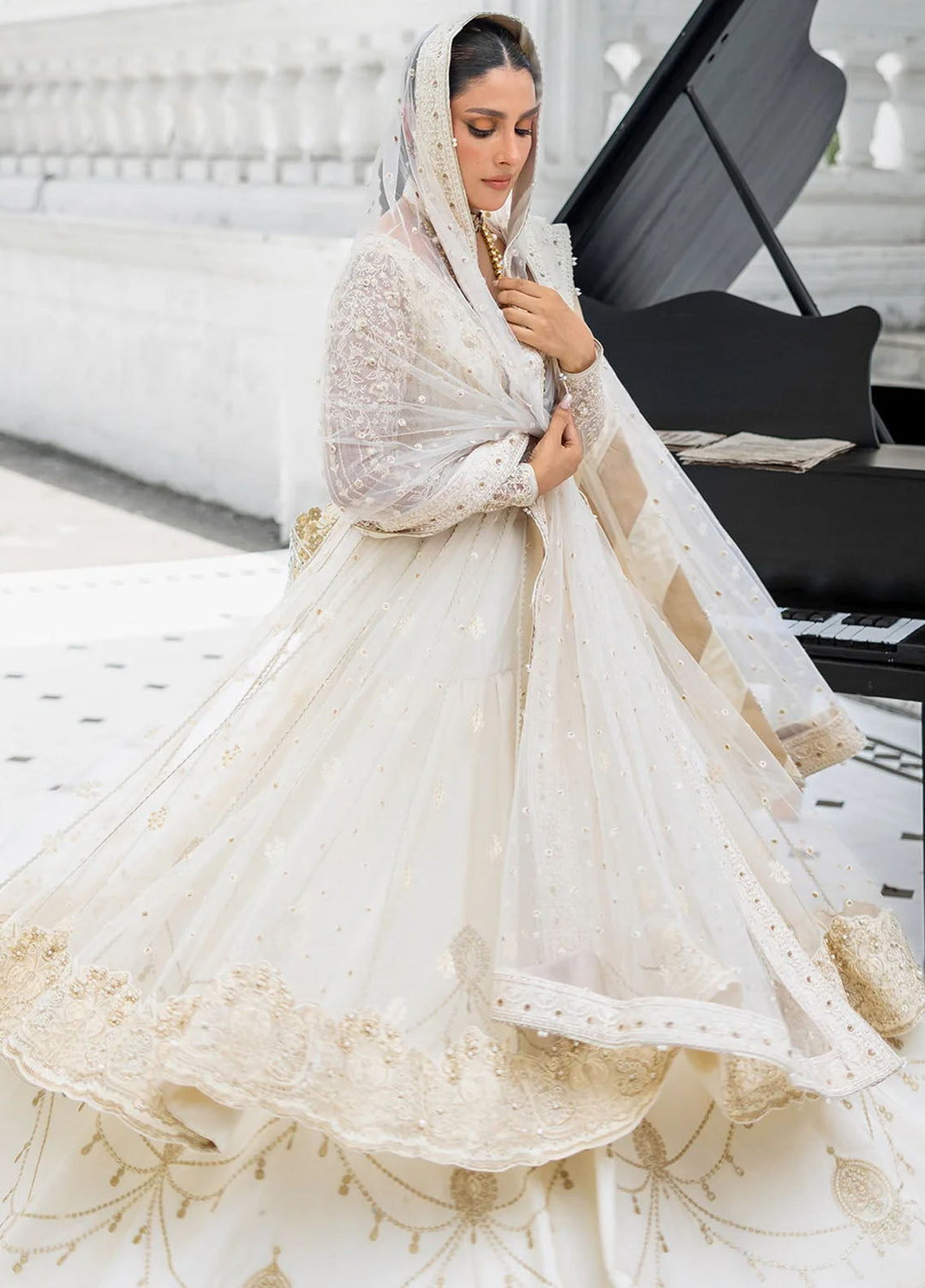 Jahan by Erum Khan Embroidered Net Suits Unstitched 3 Piece EK25V4 Snow Pearl - Formals Collection