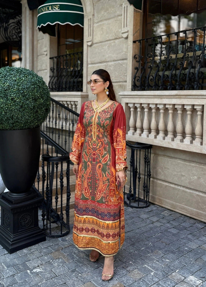 Mataish Women RTW Printed Crepe 1 Piece Suit Solea Rust - Festive Collection