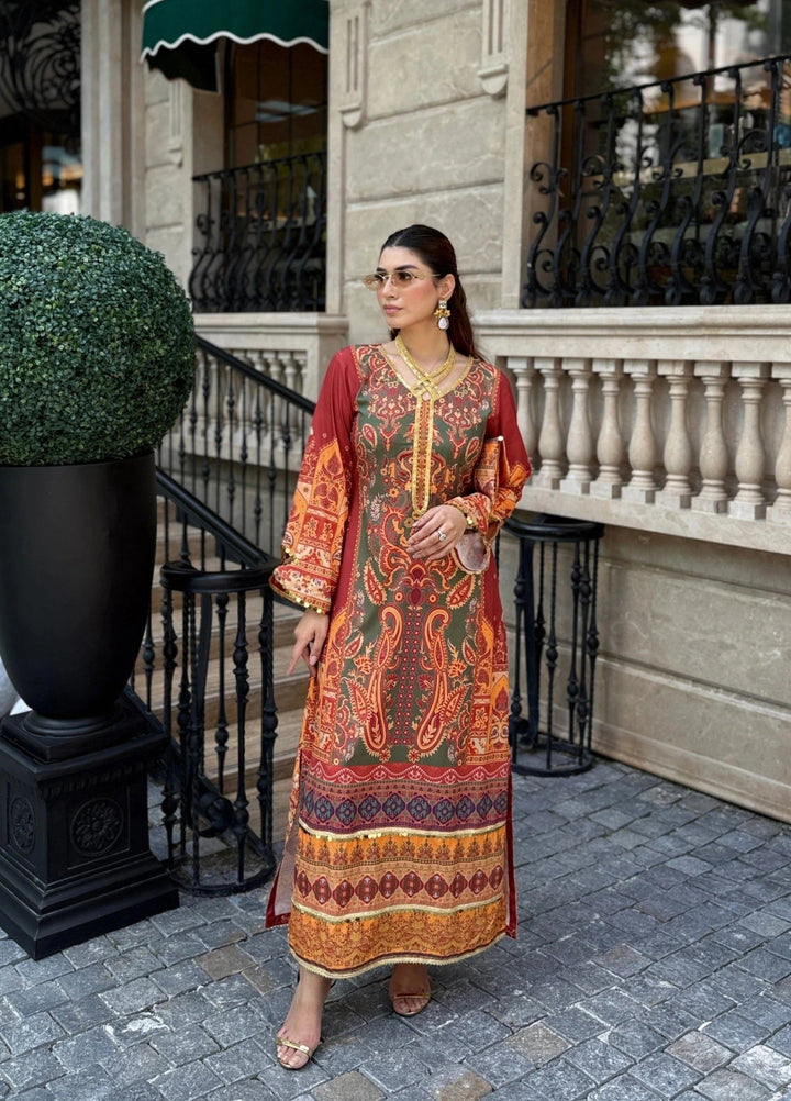 Mataish Women RTW Printed Crepe 1 Piece Suit Solea Rust - Festive Collection