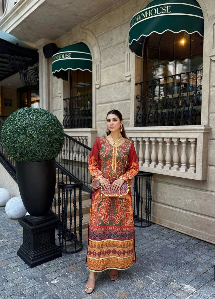 Mataish Women RTW Printed Crepe 1 Piece Suit Solea Rust - Festive Collection