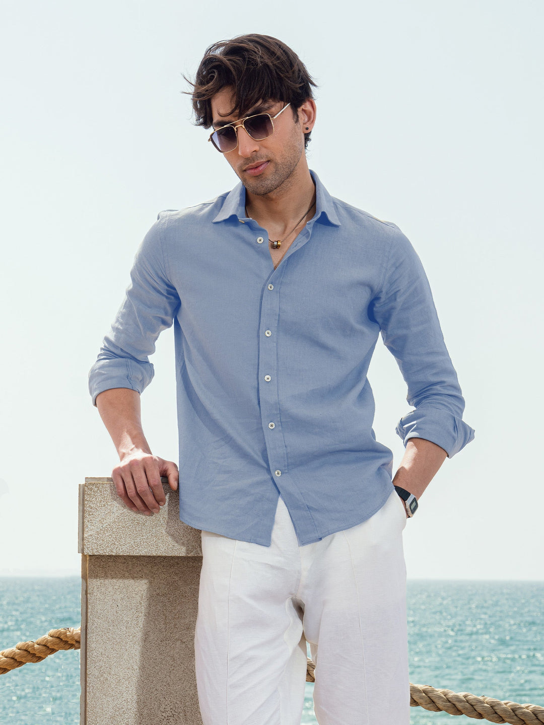 Brumano Mens RTW Solids Cotton Shirt Steel Blue Western Collection