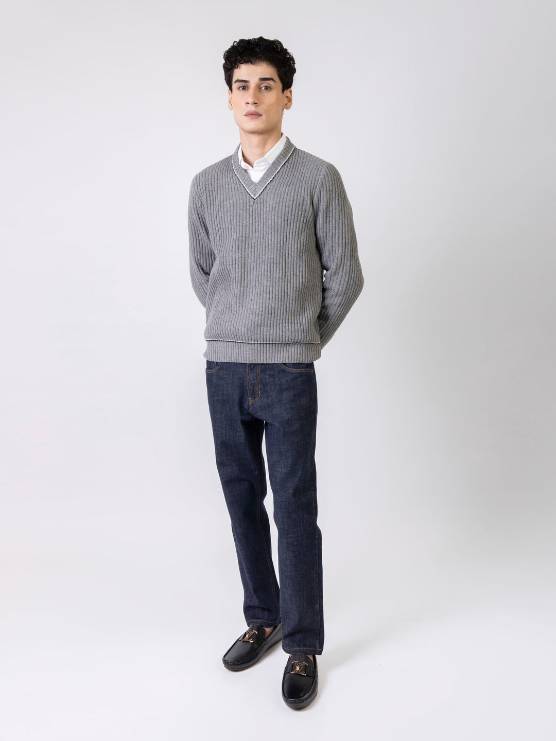 Brumano Ready to Wear Men Cotton Steel Grey Chunky Knitted V-Neck Sweater 0-21-024-3433-D-03 - Winter Collection