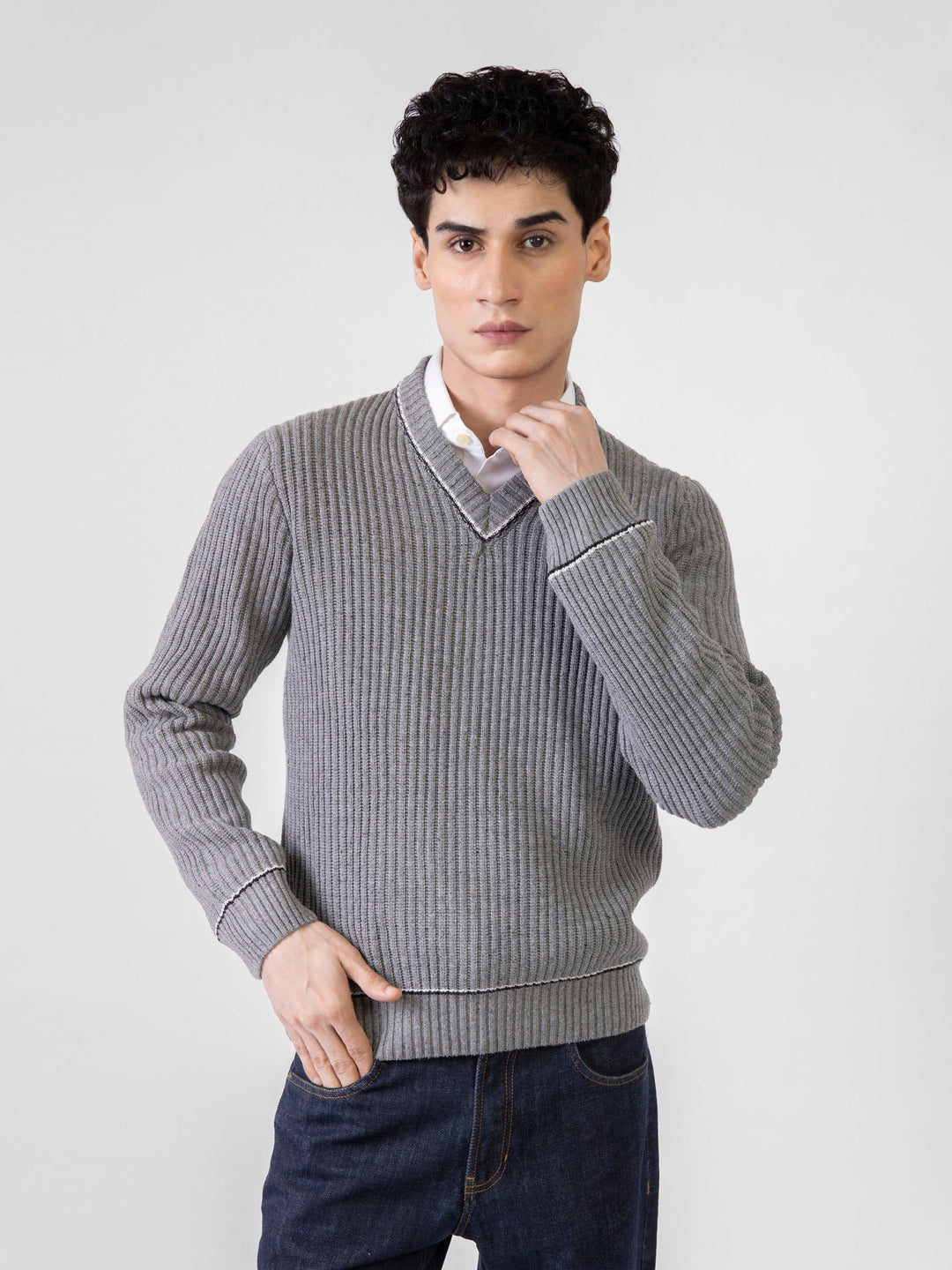 Brumano Ready to Wear Men Cotton Steel Grey Chunky Knitted V-Neck Sweater 0-21-024-3433-D-03 - Winter Collection