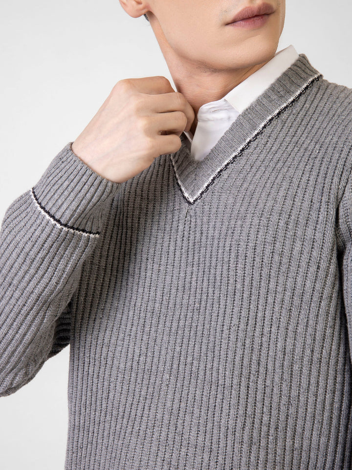 Brumano Ready to Wear Men Cotton Steel Grey Chunky Knitted V-Neck Sweater 0-21-024-3433-D-03 - Winter Collection