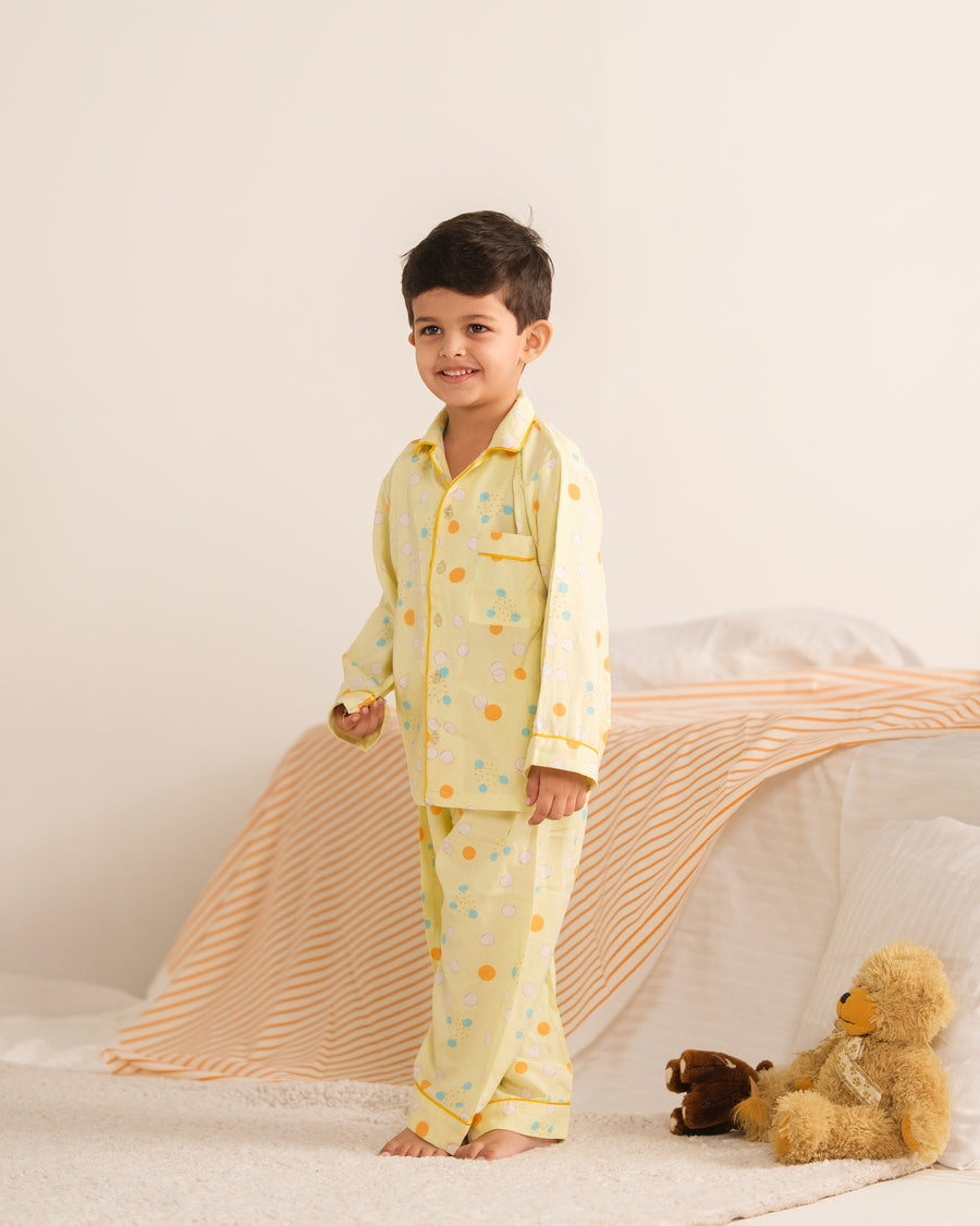 Baby Nest Kids Premium Night Suits For Boys Printed 2 Piece Boski Linen Sunny Snug - Casual Collection