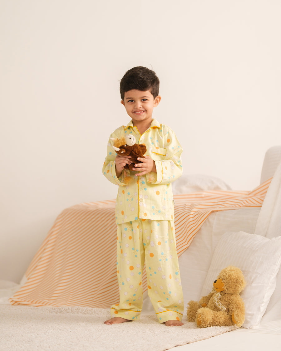 Baby Nest Kids Premium Night Suits For Boys Printed 2 Piece Boski Linen Sunny Snug - Casual Collection