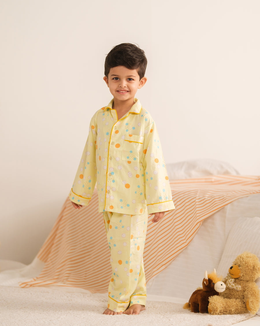 Baby Nest Kids Premium Night Suits For Boys Printed 2 Piece Boski Linen Sunny Snug - Casual Collection
