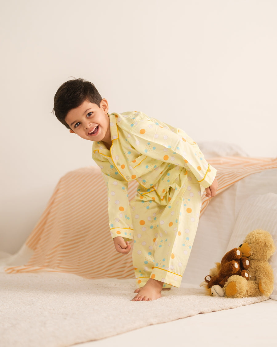 Baby Nest Kids Premium Night Suits For Boys Printed 2 Piece Boski Linen Sunny Snug - Casual Collection