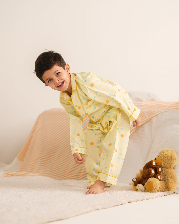 Baby Nest Kids Premium Night Suits For Boys Printed 2 Piece Boski Linen Sunny Snug - Casual Collection