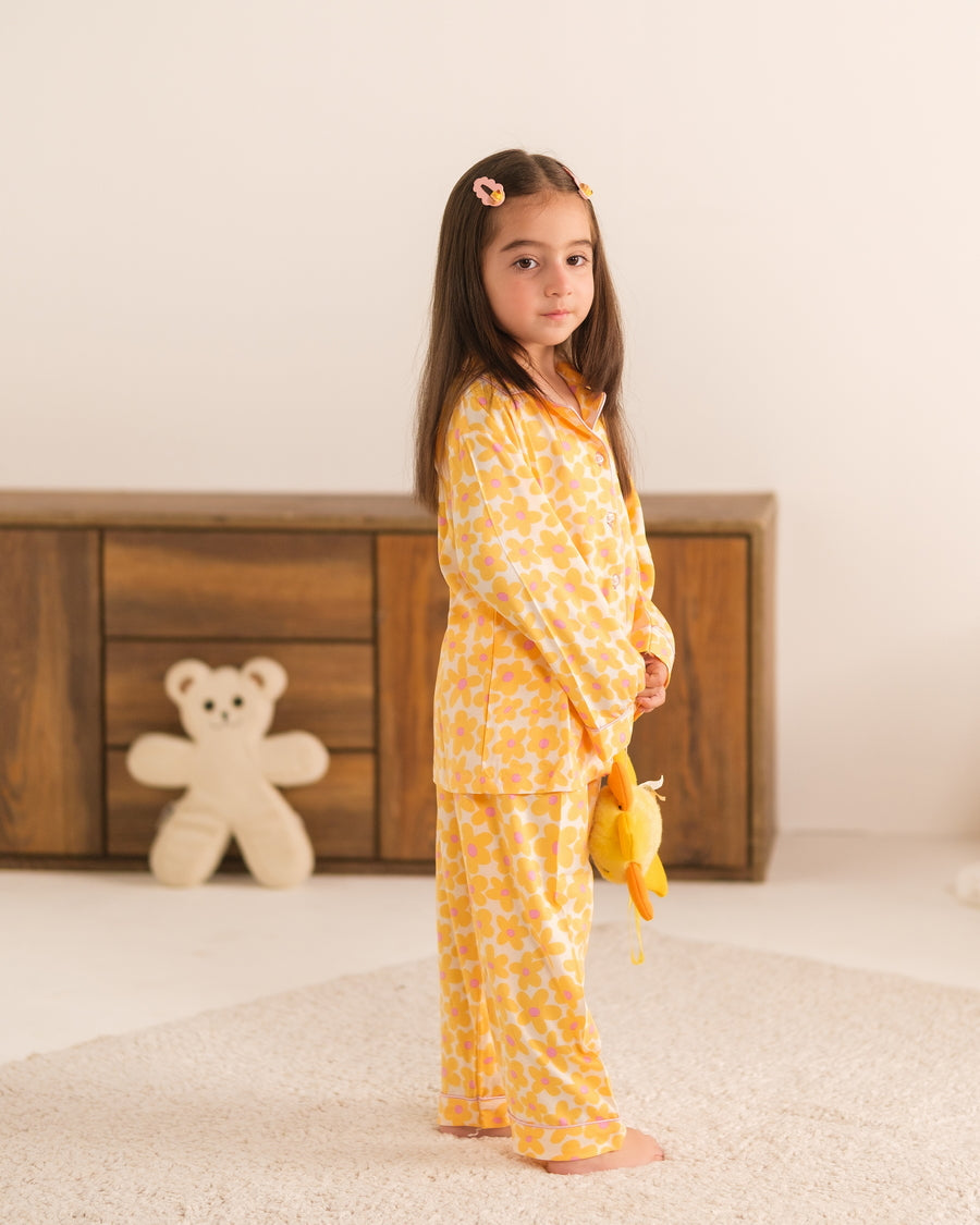 Baby Nest Kids Premium Night Suits For Girls Printed 2 Piece Boski Linen Sunset Bloom - Casual Collection