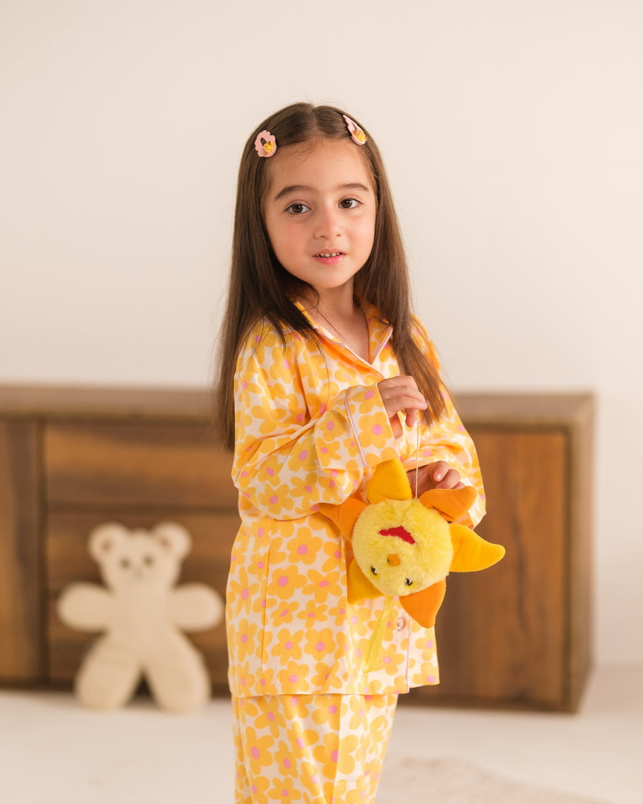 Baby Nest Kids Premium Night Suits For Girls Printed 2 Piece Boski Linen Sunset Bloom - Casual Collection