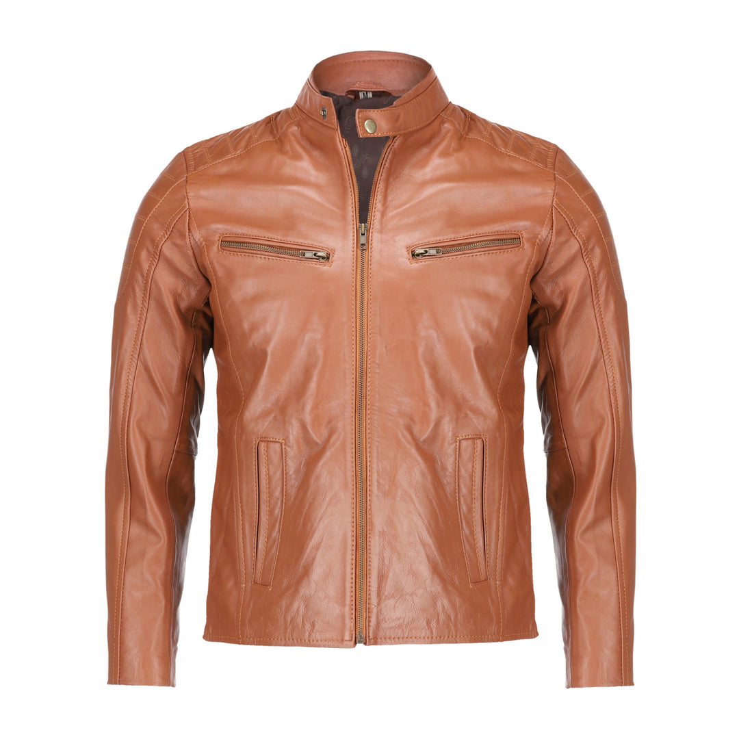 Mens Tan Lambskin Biker Style Leather Jacket