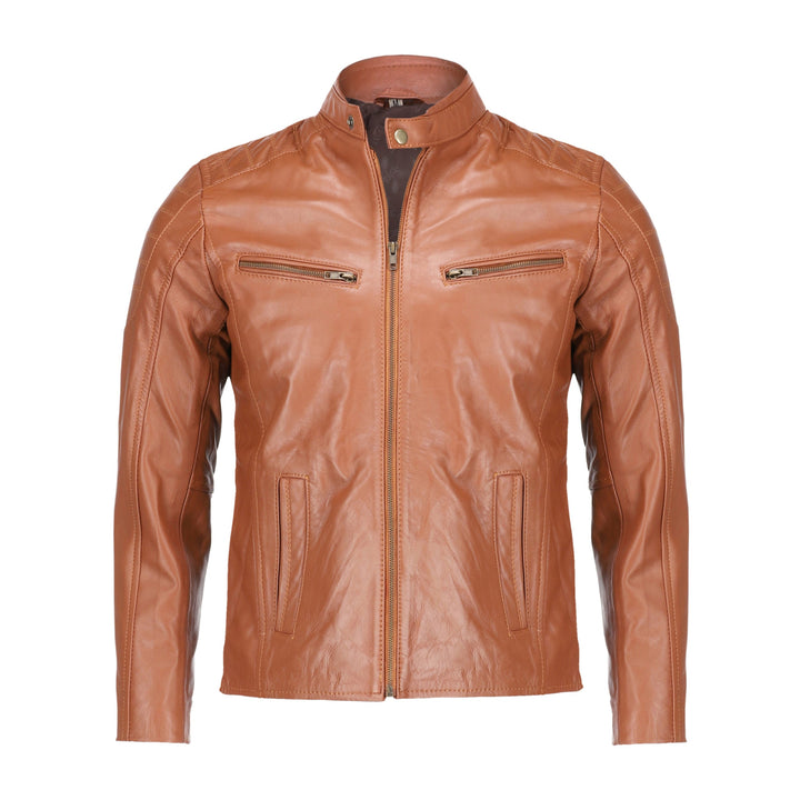 Mens Tan Lambskin Biker Style Leather Jacket