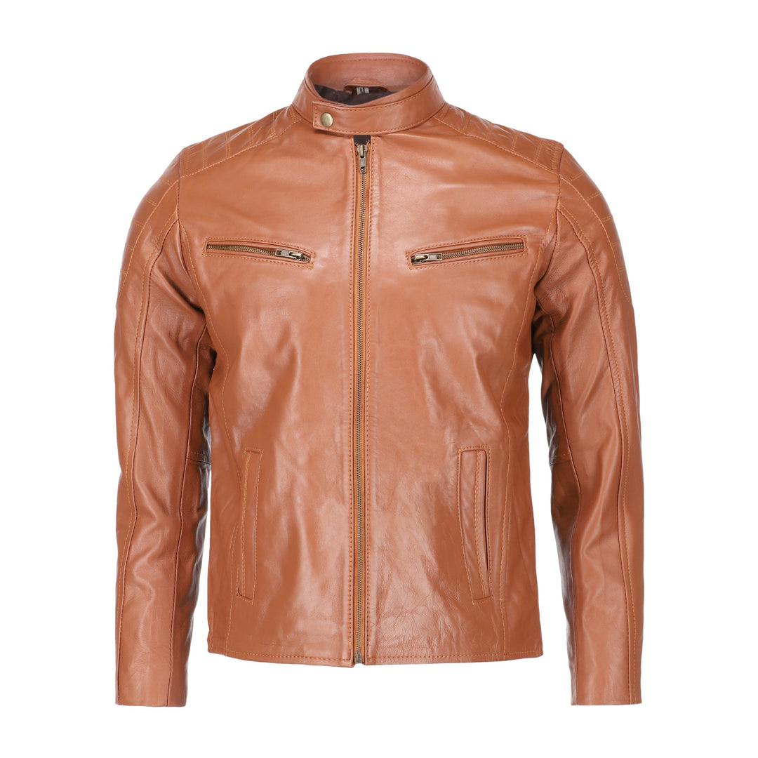 Mens Tan Lambskin Biker Style Leather Jacket