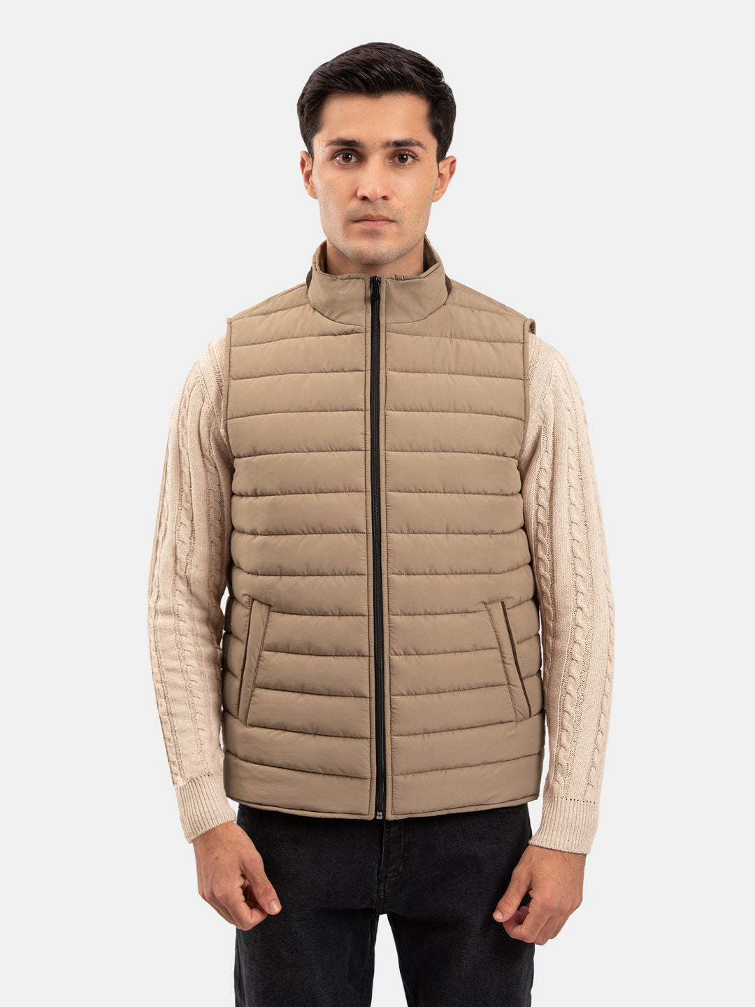 Brumano Mens RTW Solids Poly Jacket Suit Tan Brown Puffer With Leather Detailing Winter Collection